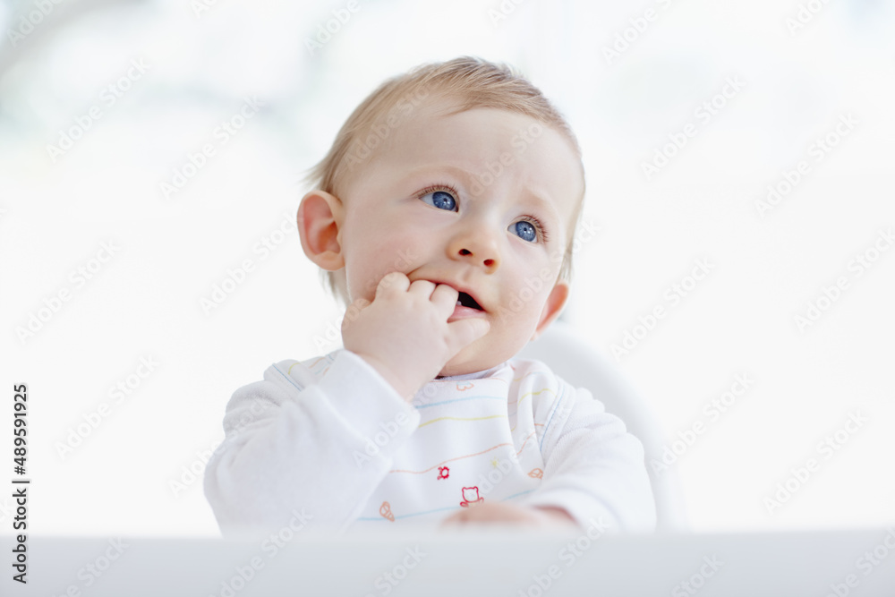 Curious about everything. A cute baby boy sitting in his high chair with his fingers in his mouth.