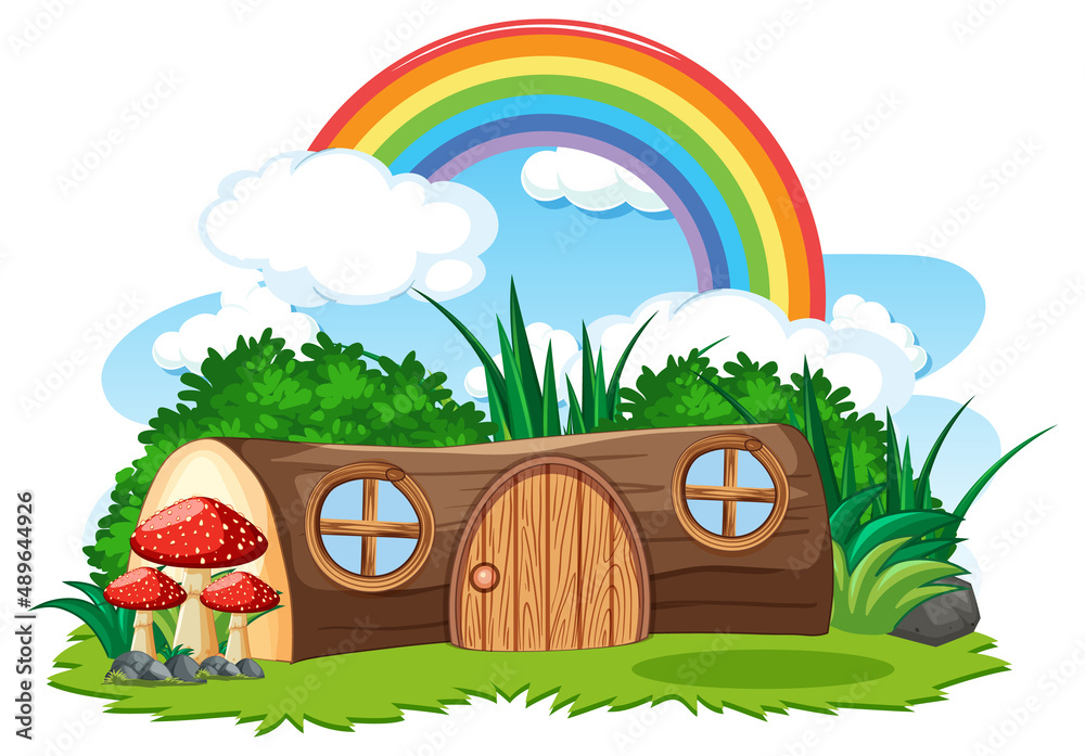 Fantasy timber house with rainbow in the sky