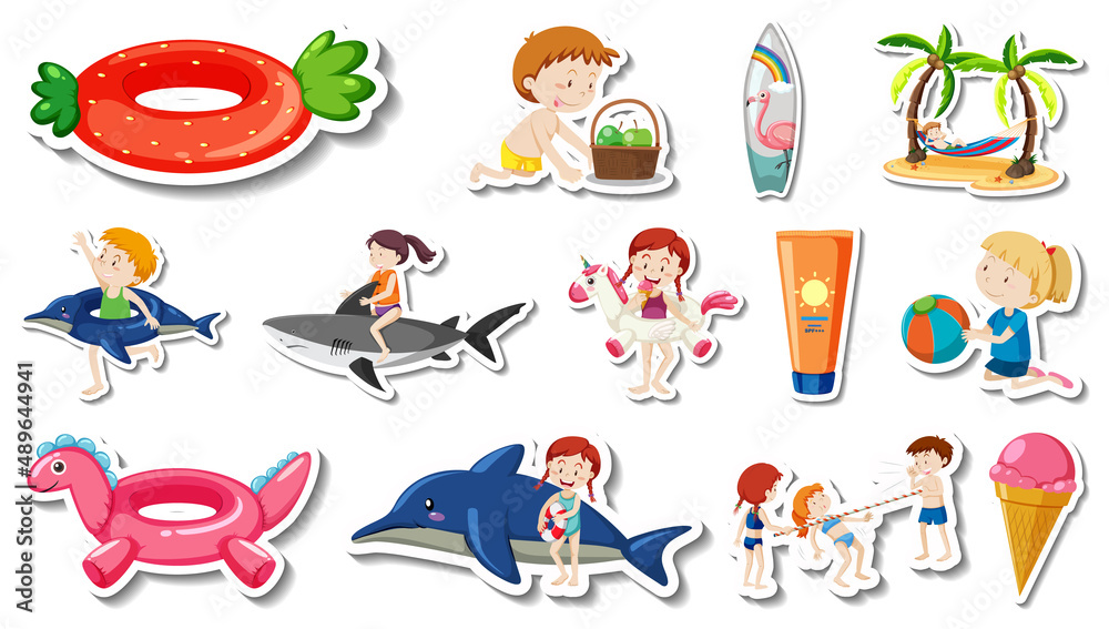 Set of summer beach items and children