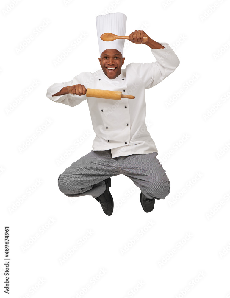 Chefs Delight. AN African-American chef jumping in the air holding a roller and a spoon.