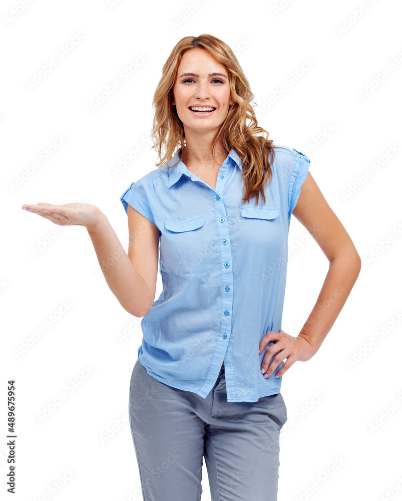 Wholesome beauty endorsing your product - Copyspace. A beautiful woman holding her palm up for you t