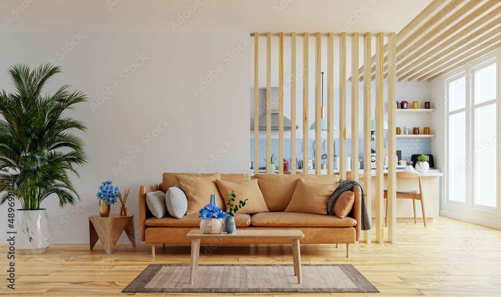 Living room interior wall mockup in warm tones with leather sofa which is behind the kitchen.