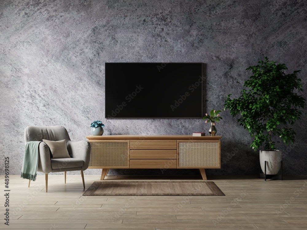 Smart TV in living room the concrete wall with armchair,minimal design.