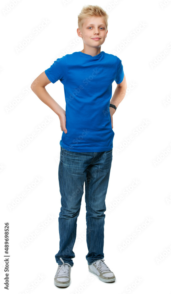 Hes one cool dude. Full-length studio portrait of a blond teenage boy against a white background.