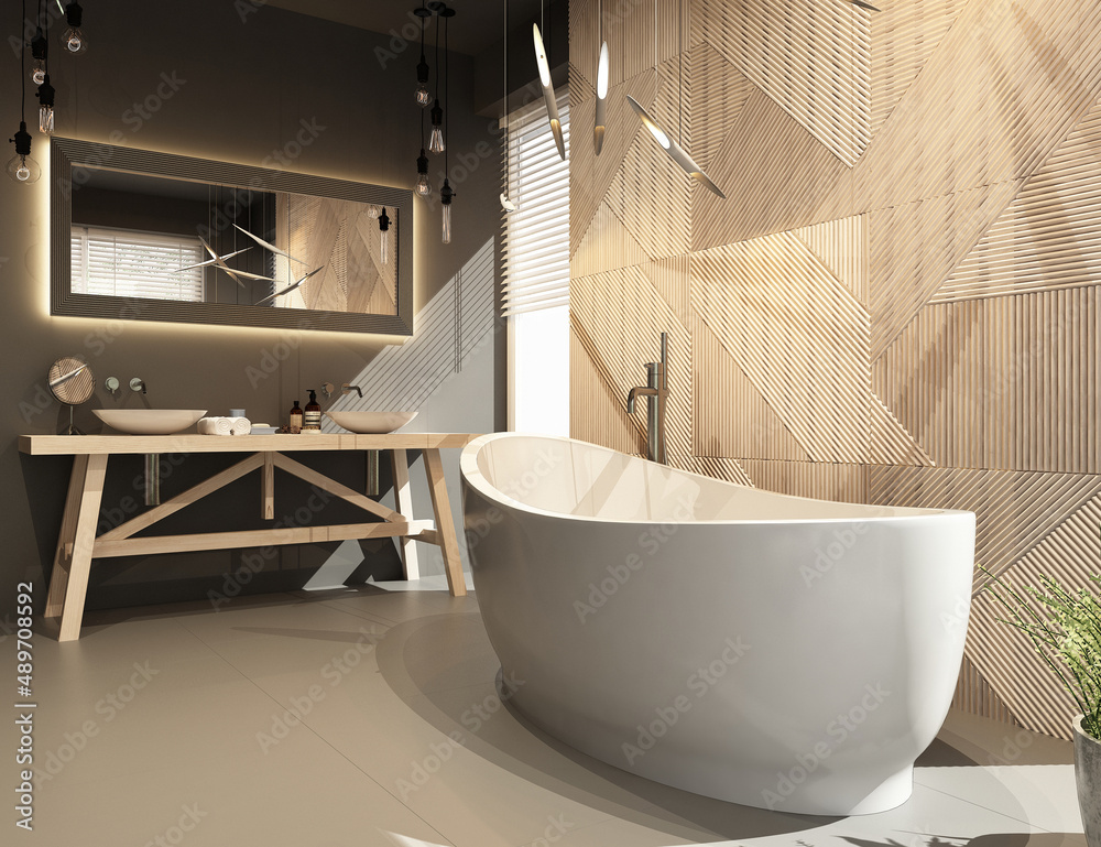 Modern bathroom interior with wooden decor in eco style. 3D Render	