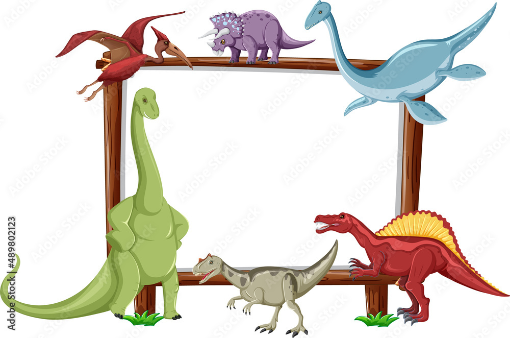 Group of dinosaurs around board on white background