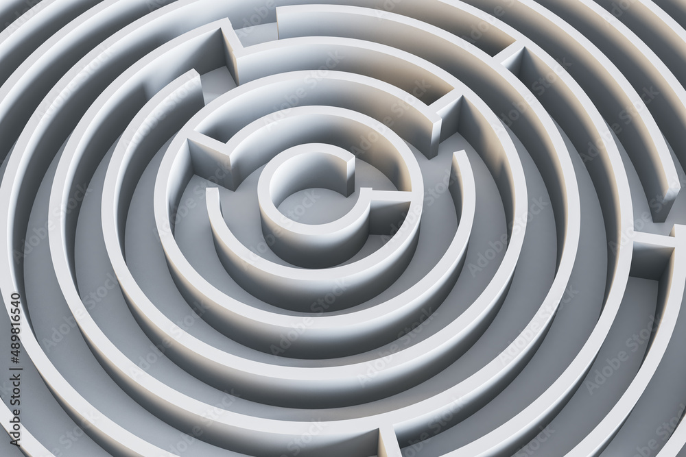 Top view of abstract round maze background. Solution and way out concept. 3D Rendering.