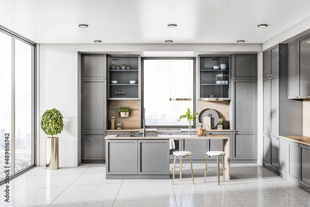 Luxury kitchen design interior with window and city view, daylight, island, appliances and other ite