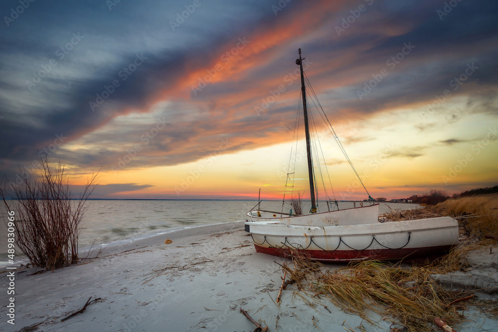 Beautiful beach of the Baltic Sea at sunset in Kuznica, Hel Peninsula. Poland