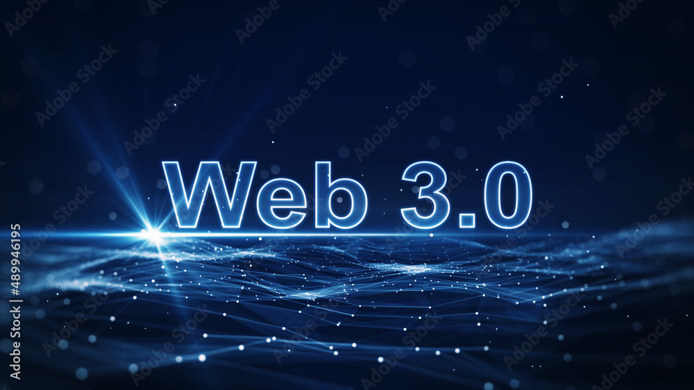 未来Web 3.0技术概念。在互锁多边形的下方，顶部有Web 3.0文本。