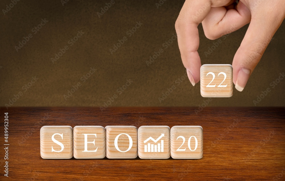 SEO, Search Engine Optimization 2022, wooden block represents growing business goals