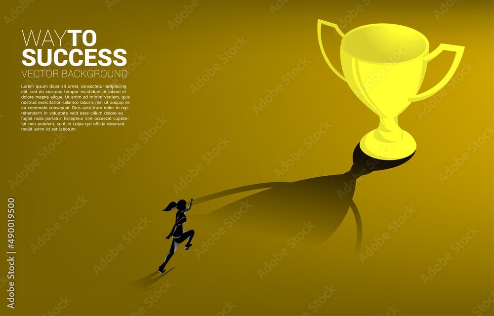 Silhouette of Businesswoman running on golden trophy. Concept for business direction and mission vis