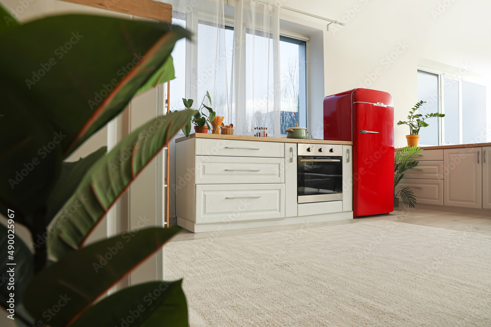 Interior of modern kitchen with red fridge and oven