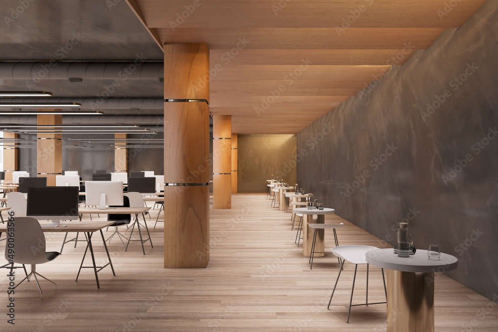 Scandinavian concrete and wooden coworking office interior with equipment, furniture and computer mo