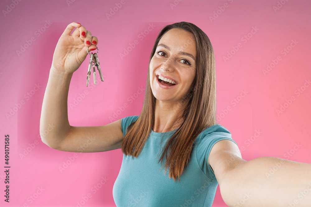 Cheerful optimistic woman has positive playful expression poses