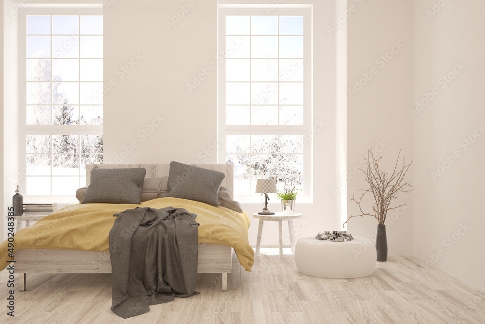 Soft color bedroom interior. Scandinavian design. 3D illustration