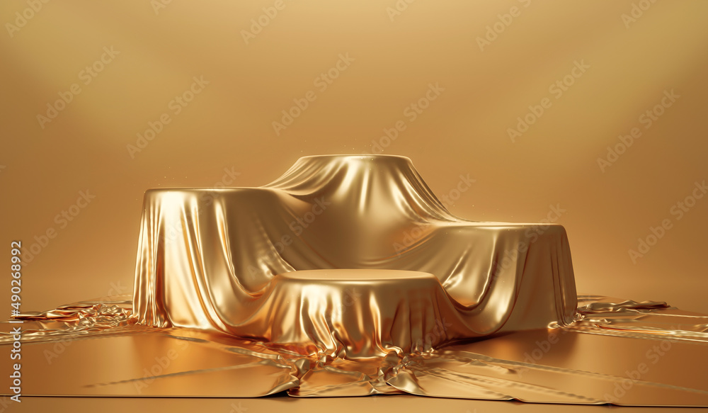 Gold podium elegant fabric background of luxury empty presentation studio product decoration or show