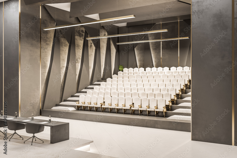 Light luxury concrete lecture hall auditorium interior with seats and other objects. Speech, worksho