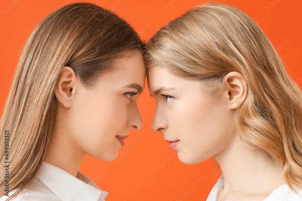 Portrait of young sisters on color background