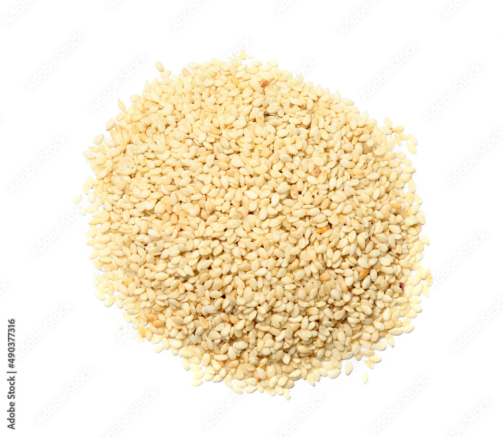 Heap of sesame seeds on white background