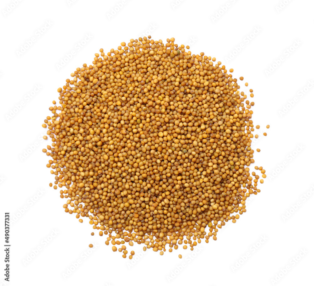 Heap of mustard seeds on white background