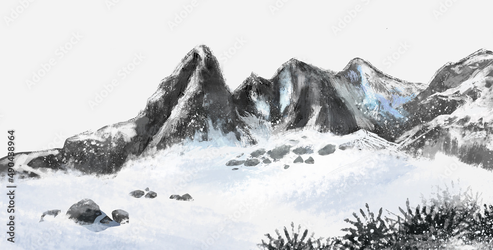 水墨冬雪山水背景玉龙雪山水墨画