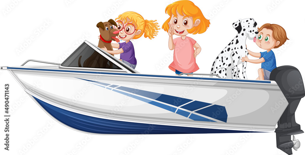 Boy and girl standing on a speeding boat on a white background