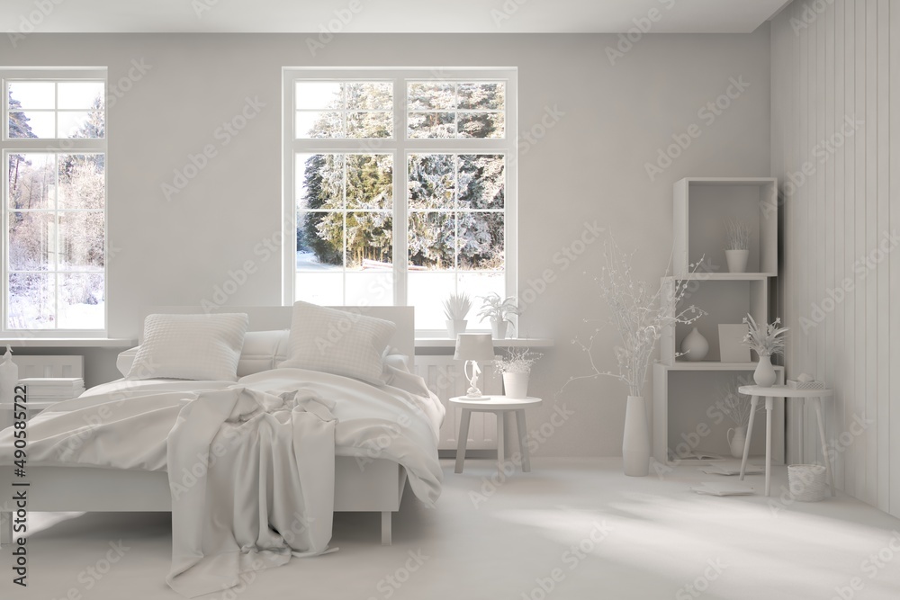 Modern bedroom in white color. Scandinavian interior design. 3D illustration