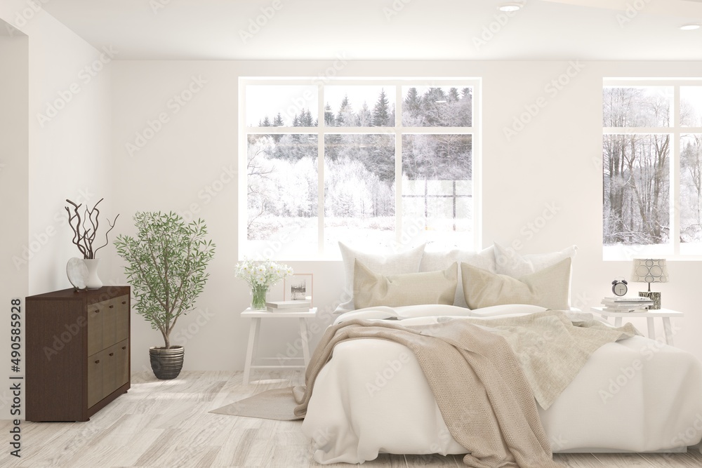 White bedroom interior. Scandinavian design. 3D illustration