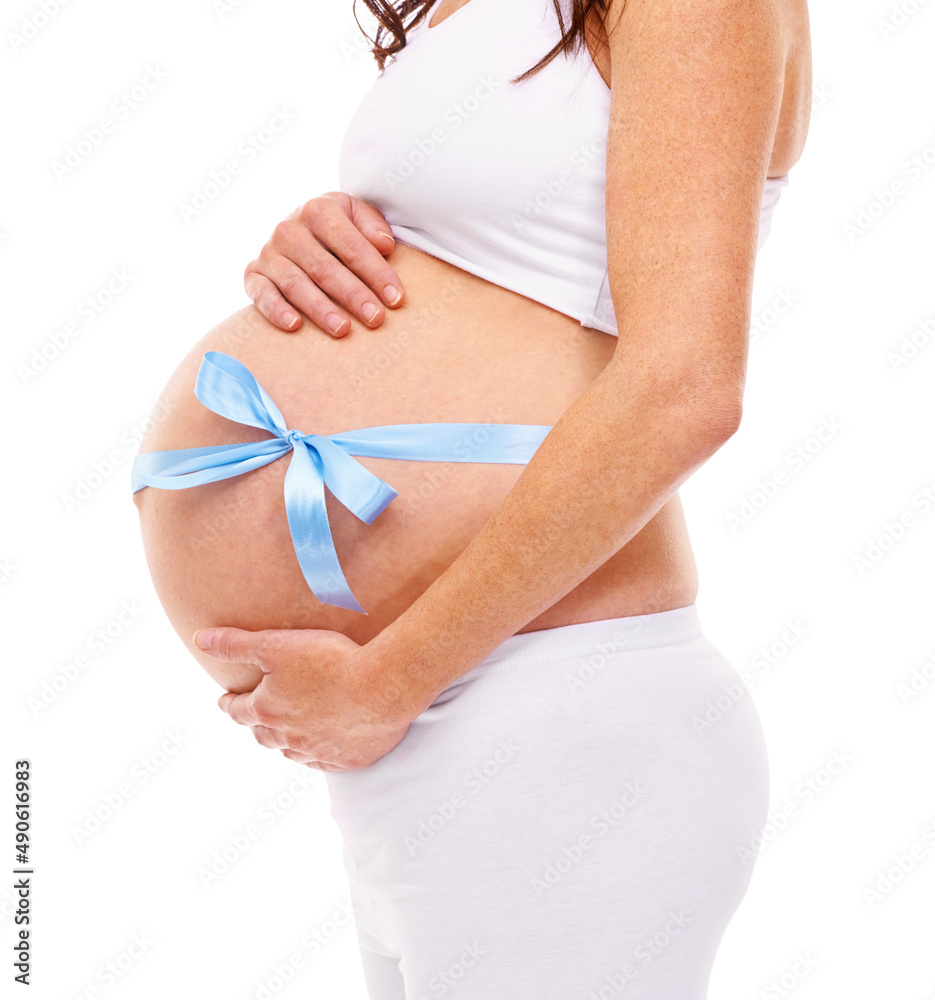 Shes expecting. Cropped shot of a pregnant woman isolated on white.