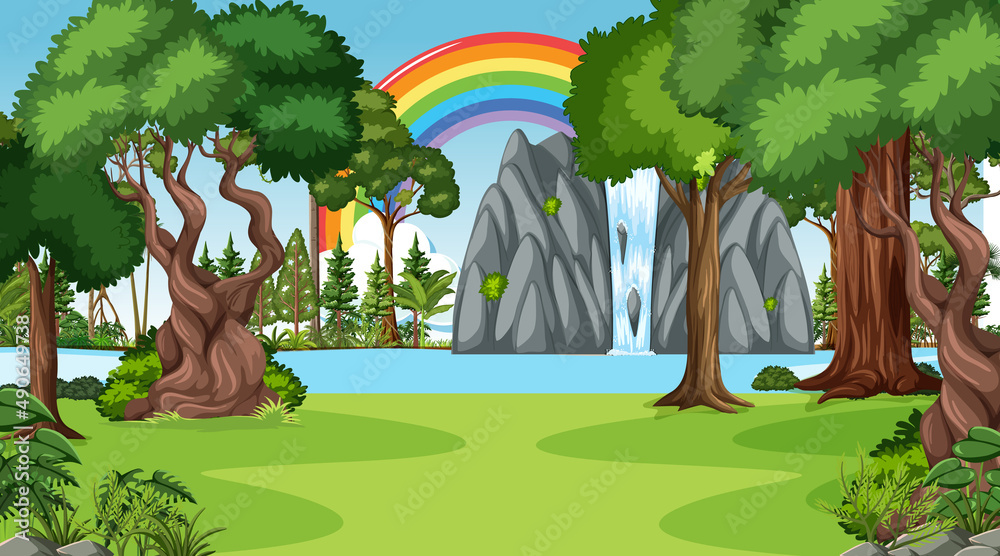 Nature forest scene with rainbow in the sky