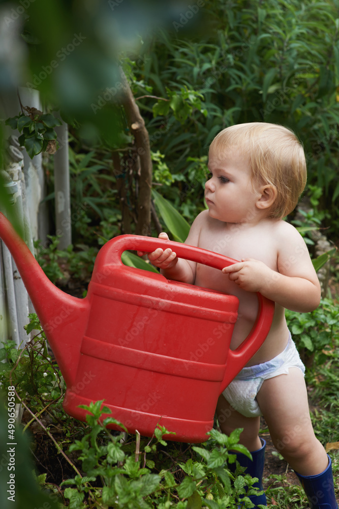 Curious about how nature works. An adorable baby boy watering the garden.