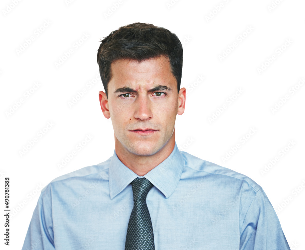 Taking his business seriously. Studio portrait of a young businessman frowning against a white backg