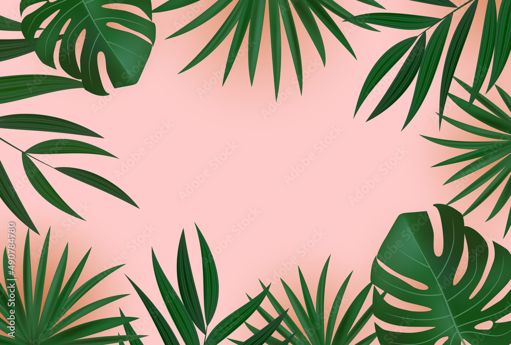 Natural Realistic Green and Gold Palm Leaf Tropical Background. illustration