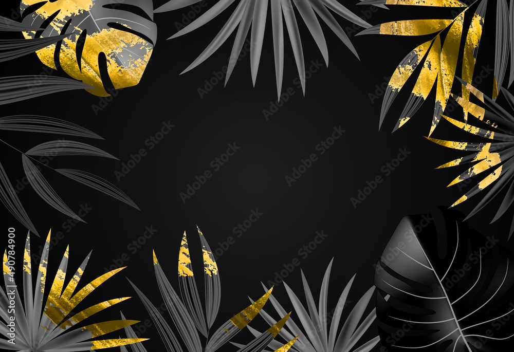 Natural Realistic Black and Gold Palm Leaf Tropical Background. illustration