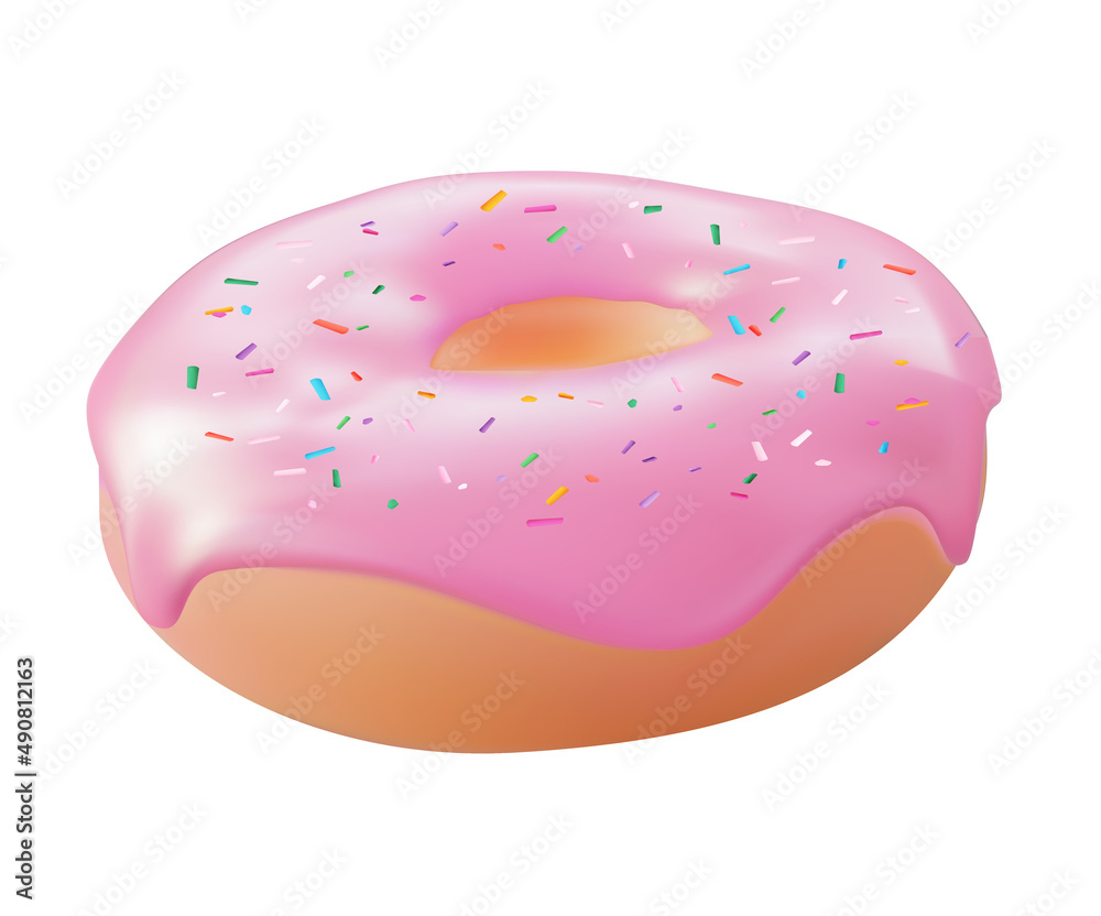 Realistic 3d sweet tasty donut with pink strawberry icing. illustration