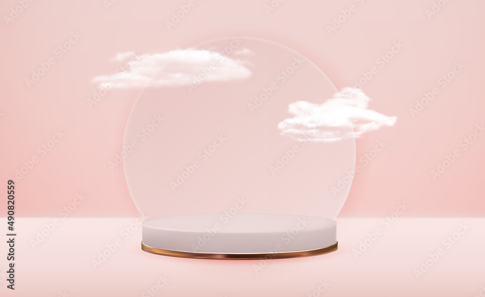 Realistic 3d pedestal pink cloudy background. Trendy empty podium display for cosmetic product prese