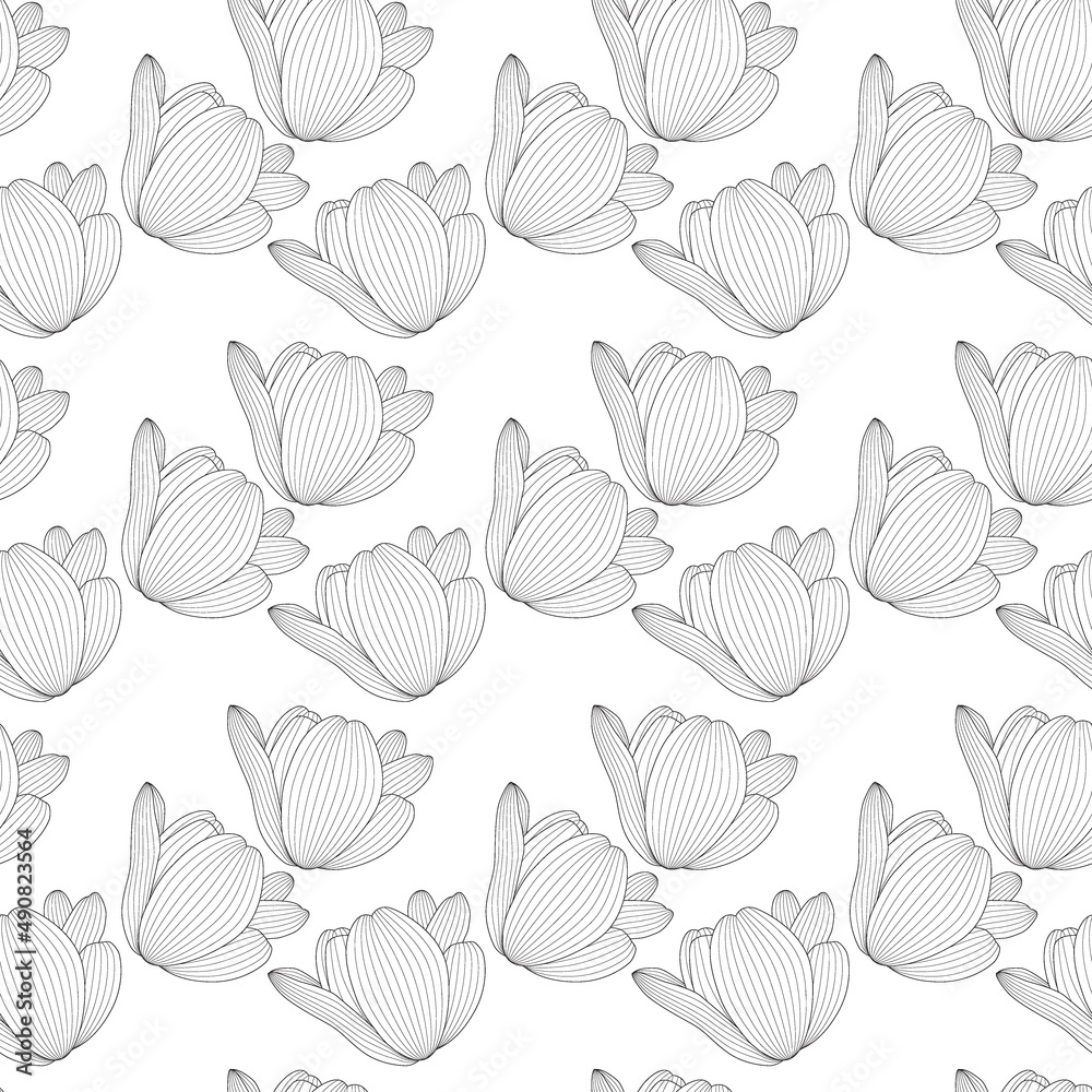 Drawn black and white tulip with contour line. Seamless pattern. Illustration