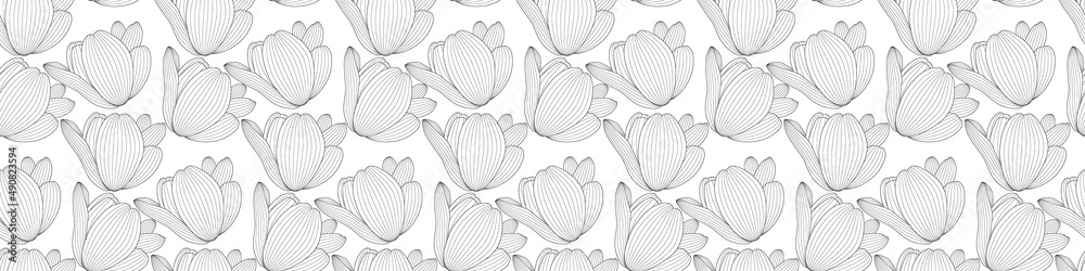 Wide Picture Drawn black and white tulip with a contour line. Full Seamless pattern horizontally and