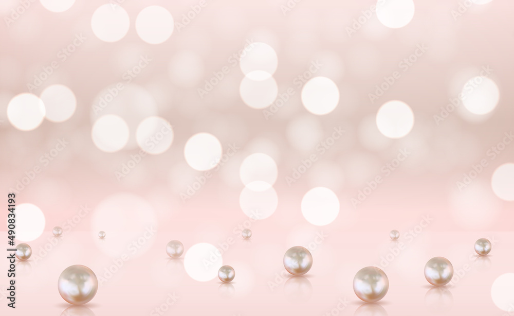 Glossy abstract bokeh lights background with realistic pearls. Illustration