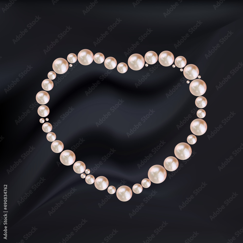 Abstract heart frame of pink pearls on silk black background. Illustration