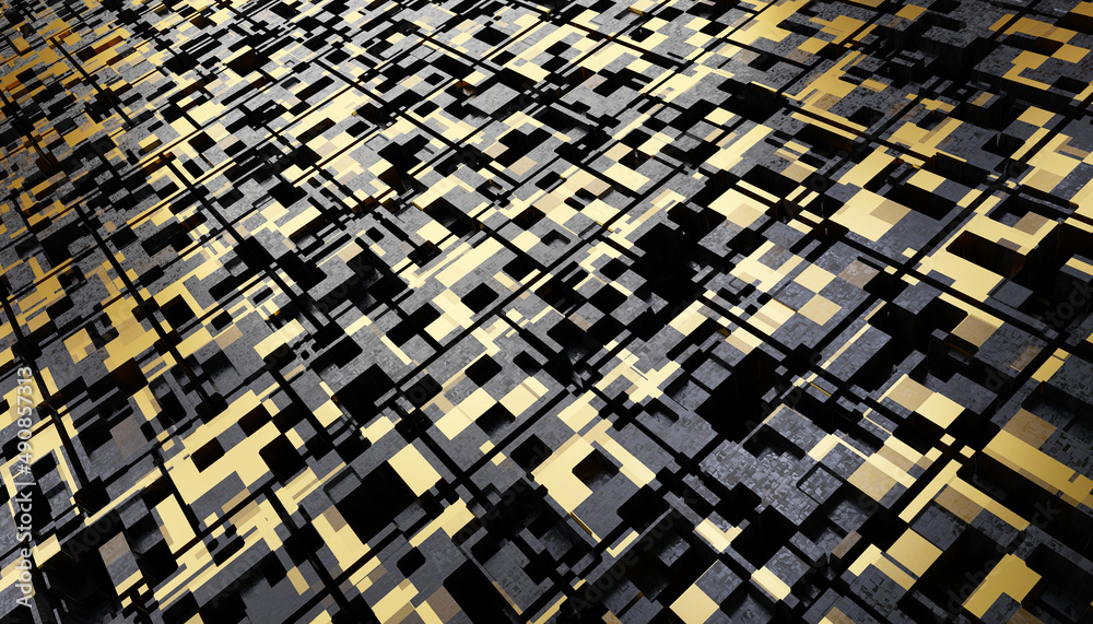 Futuristic Gold and Black squares extruded abstract background , 3d rendering