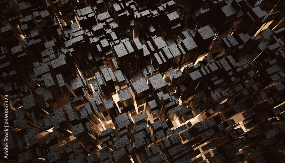 Futuristic Gold and Black squares extruded abstract background , 3d rendering