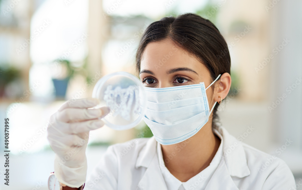 Shes noticed something interesting.... Shot of a young scientist analysing samples in a petri dish i