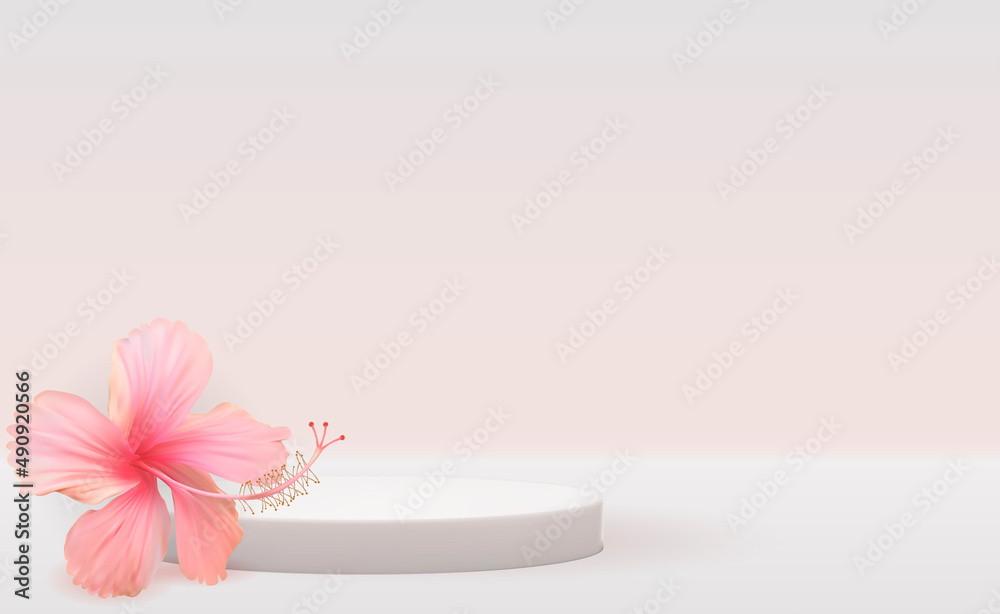 White 3d pedestal background with realistic hibiscus flower for cosmetic product presentation, fashi