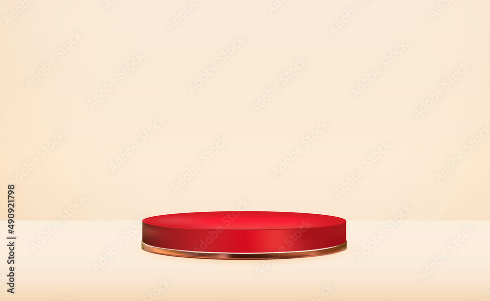 Realistic 3d red pedestals over light background. Trendy empty podium display for cosmetic product p