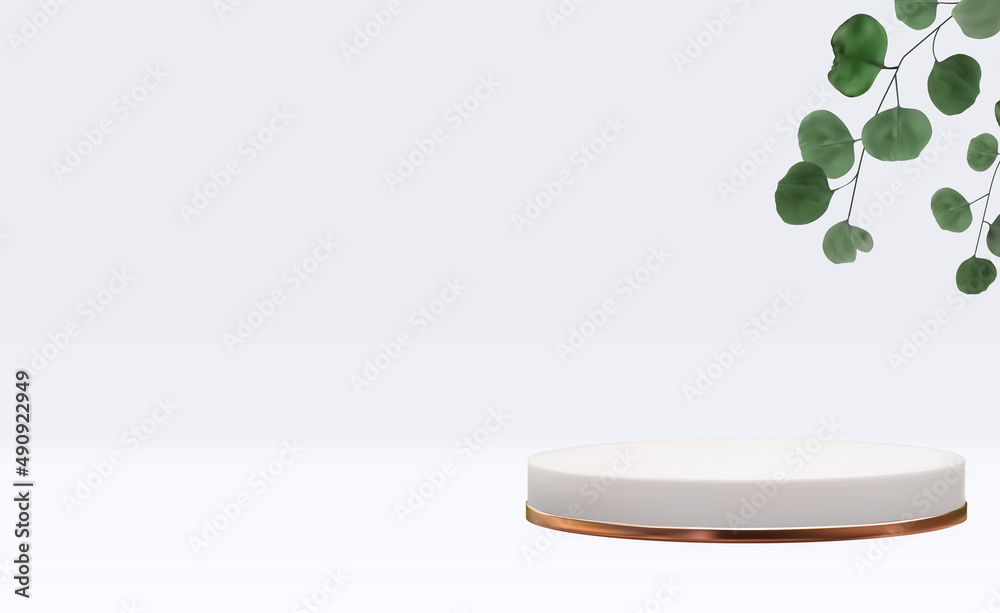 Realistic 3d pedestal with eucalyptus leaves. Trendy empty podium display for ads cosmetic product p