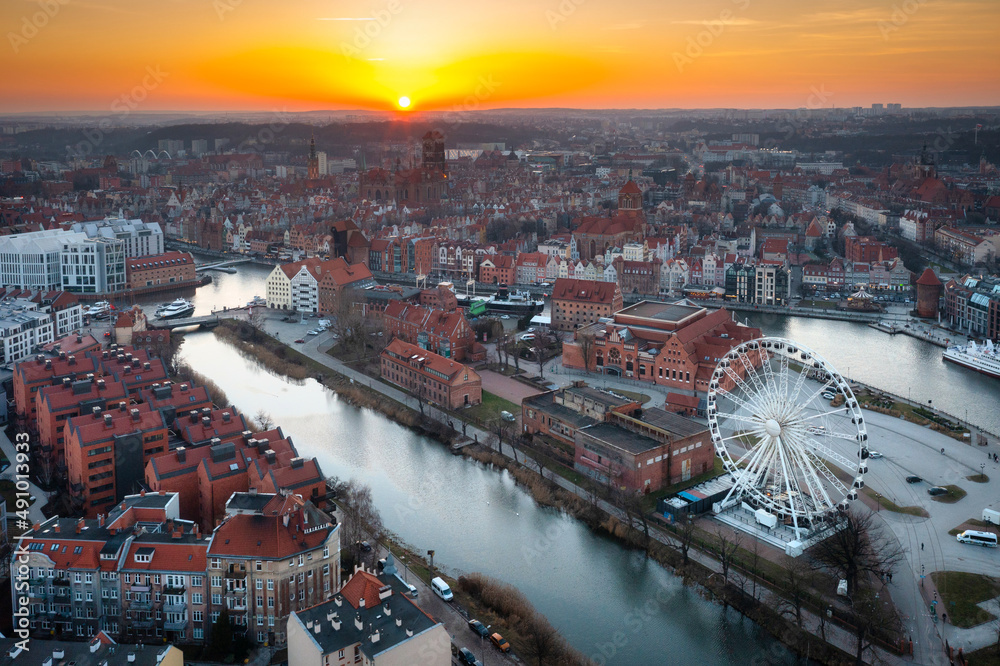 Aerial view of the beautiful Gdansk city at sunset, Poland