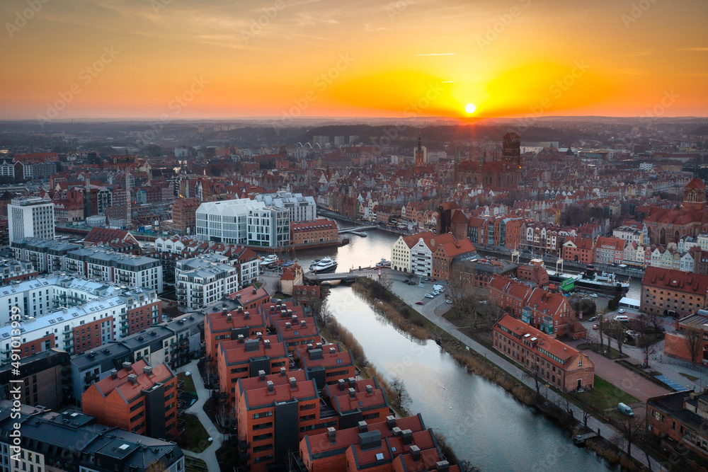 Aerial view of the beautiful Gdansk city at sunset, Poland