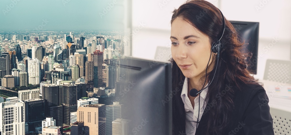 Business people wearing headset working in office to support remote customer or colleague. Call cent